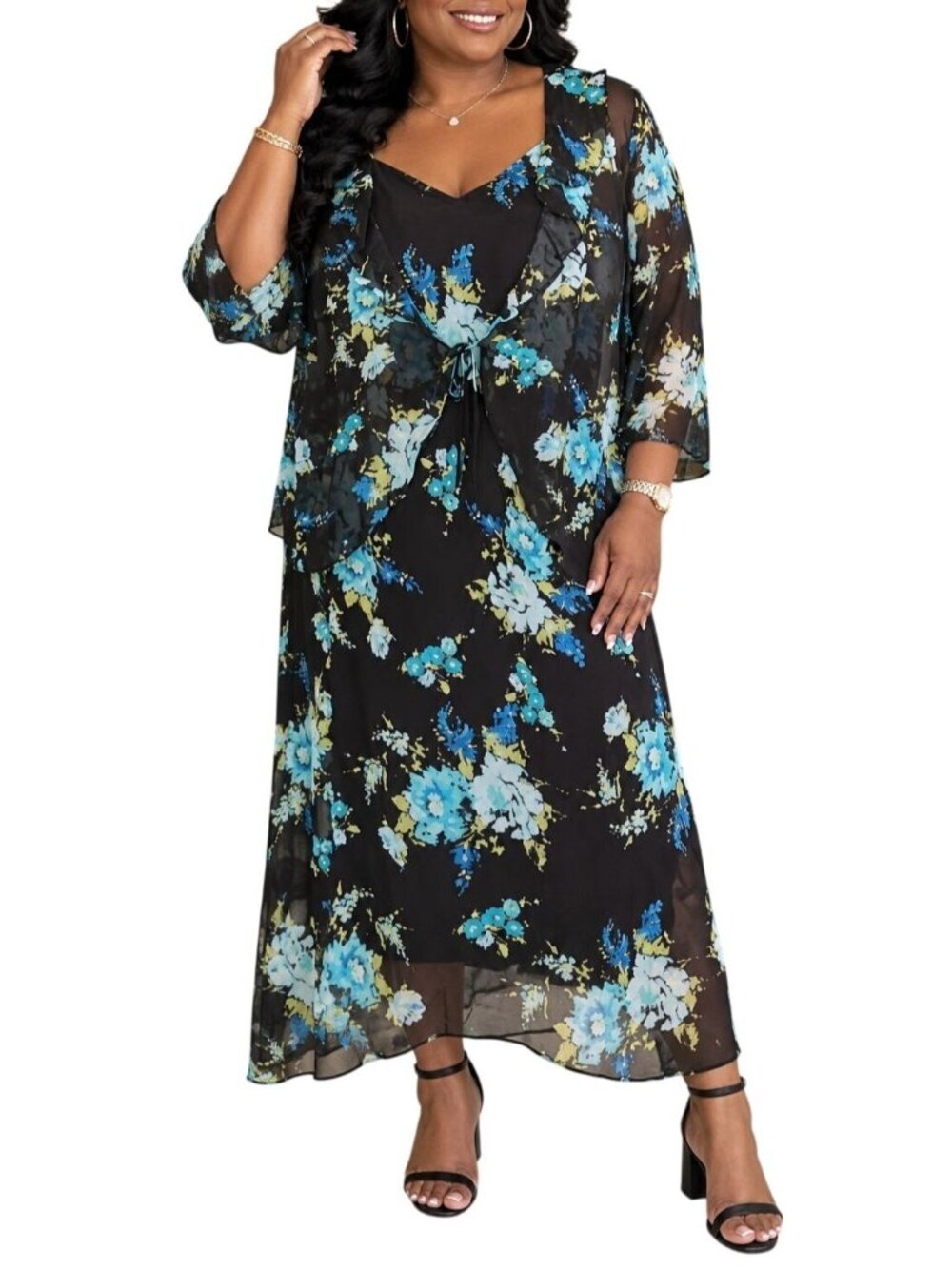 Mlle Gabrielle Plus Size 22W Dress Jacket 2-Piece Set Tie Closure Floral Sheer